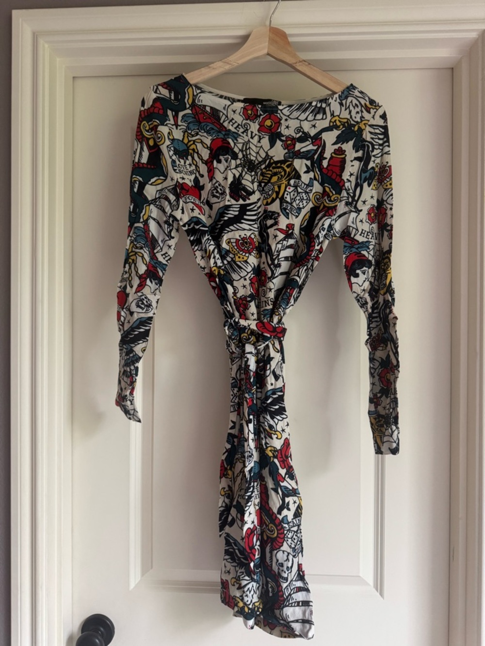 Love Moschino Floral Tattoo Print Dress in White, Red, Blue, Yellow 100% silk